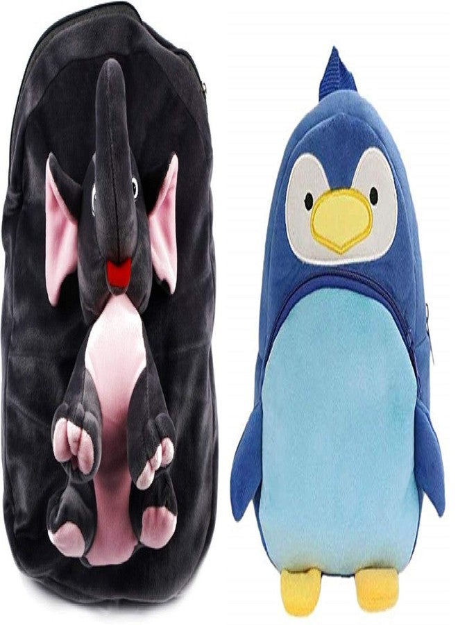 Black Hill School Bag for Kids Soft Plush Backpack Combo Cartoon Bags Mini Travel Bag for for Girls Boys Toddler Baby (Full Body Elephant & Penguin) - Image 1